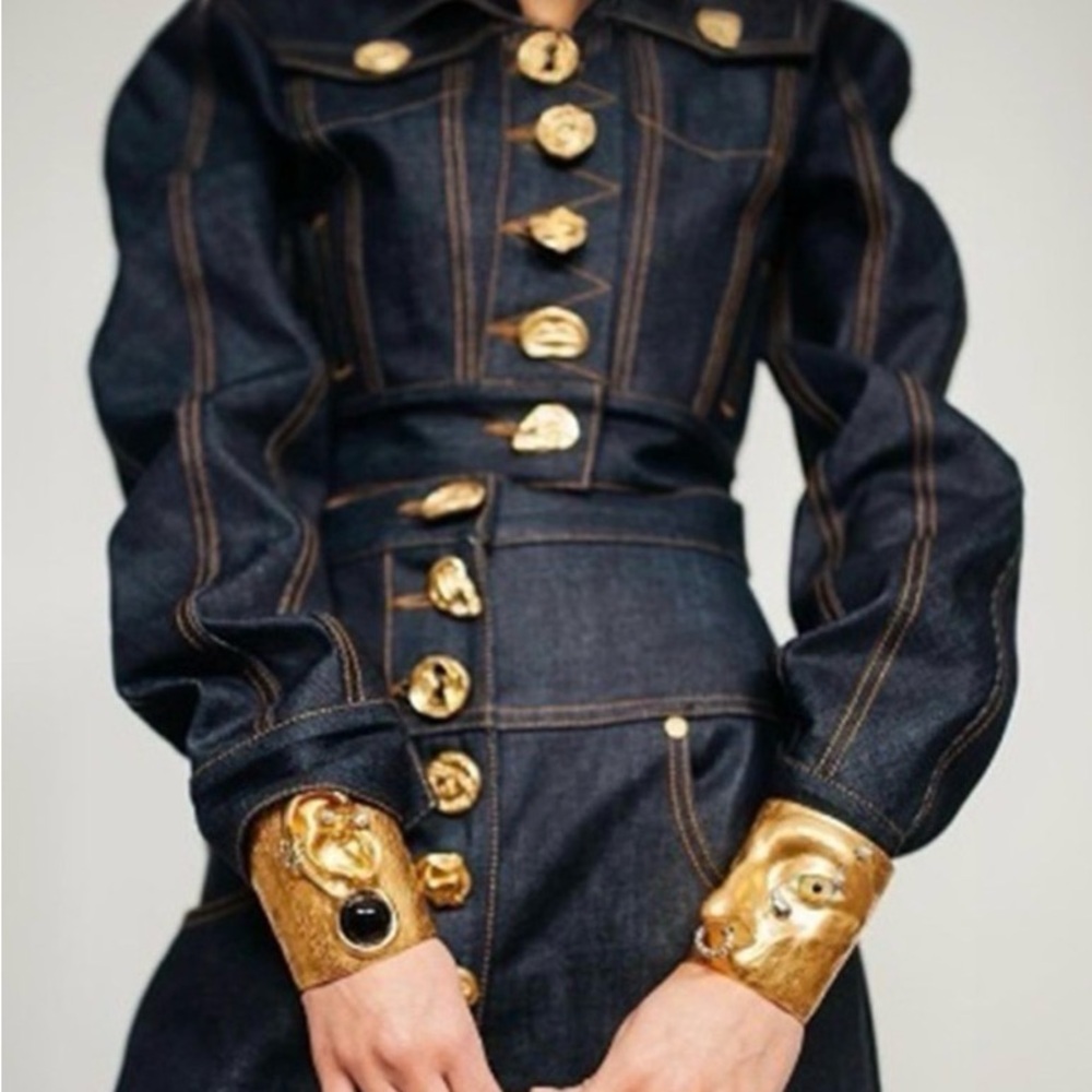 Urban Buttoned Plain Denim Jacket And Skirt Set- Size Large